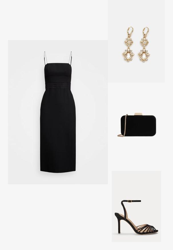 Schwarzes Midi-Kleid aus glattem Stoff, mit einem taillierten Oberteil, dünnen Trägern und Nähten an der Taille.; Schwarze Sandale mit hohem Absatz und offenem Zehenbereich, mehreren dünnen vorderen Riemen und einem verstellbaren Knöchelriemen mit goldener Schnalle.; Schwarze Samt-Clutch mit goldfarbener Hardware, rechteckiger Form und Kettenriemen, mit glatter Textur und ohne sichtbare Muster.; Ohrringe mit Gold-Finish im Design eines Clusters, das runde und tropfenförmige klare Kristalle zeigt und aufwendige Details präsentiert.