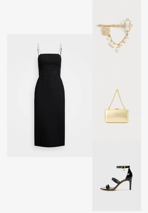 Vestido negro midi hecho de una tela suave, con un cuerpo entallado, tirantes finos y detalles de costura en la cintura.; Sandalia de charol negro con tres correas, hebilla en el tobillo y tacón de aguja de 10 cm. Presenta detalles de hardware en oro y un charm con el logo.; Bolso de mano dorado rectangular con acabado brillante, cierre metálico y asa corta de cadena dorada sobre un fondo claro y liso.; Broche ornamentado en forma de llave dorada con cristales transparentes, detalles de filigrana y cadena dorada colgante con perlas y abalorios de cristal sobre fondo blanco.