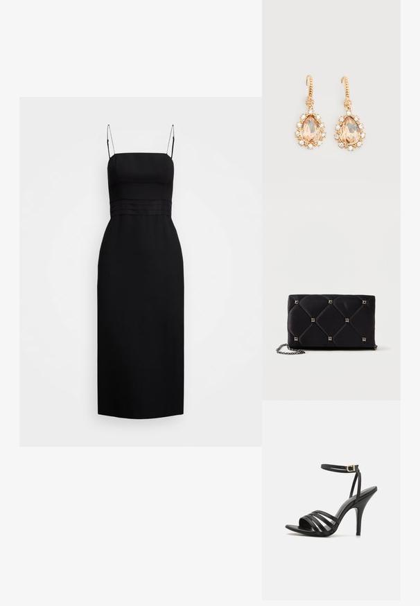 Zwarte midi-jurk van soepel materiaal, met een aansluitend bovenlijfje, dunne bandjes en naaddetail bij de taille.; Zwarte strappy hoge hak sandaal met een slanke enkelband, open teen en een gladde afwerking. Heeft een slanke hak en een gestructureerd bandontwerp.; Zwarte gewatteerde satijnen clutch met zilveren piramide studs, kettingriem, rechthoekige vorm en een gladde textuur. Afmetingen van 10 cm x 18 cm x 4 cm.; Gouden oorhaken met grote perzikkleurige druppelstenen omgeven door kleine heldere kristallen op een effen witte achtergrond.