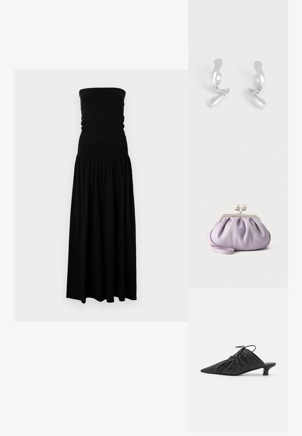 Robe maxi noire sans bretelles en tissu doux et extensible. Corps ajusté avec une jupe froncée, tissu fluide et texture lisse.; Mules noirs en cuir à enfiler avec un bout pointu, une texture froncée et un petit talon aiguille. Présente un détail à cordon au niveau de l'ouverture.; Pochette lavande douce avec tissu froncé, fermoir kiss-lock argenté et bracelet assorti sur un fond clair uni.; Paire de boucles d'oreilles en métal argenté brillant de forme abstraite sur un fond blanc uni.