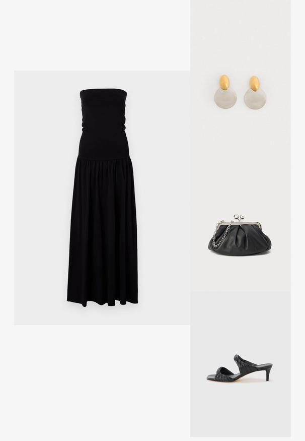 Μαύρο strapless maxi φόρεμα κατασκευασμένο από μαλακό, ελαστικό ύφασμα. Εφαρμοστό σώμα με ρυτιδωτή φούστα, ρέουσα υφή και λεία υφή.; Μαύρα σανδάλια με τακούνι και τετράγωνη μύτη, κατασκευασμένα από λείο δέρμα. Διαθέτουν ραμμένα λουριά και λεπτό τακούνι για επιπλέον ύψος.; Μαύρο δερμάτινο πορτοφολάκι με μα gathered υφή, μεταλλικό πλαίσιο σε ασημί απόχρωση, κλείσιμο τύπου kiss-lock και αλυσίδα. Λείο, απαλό επιφάνεια.; Χρυσά και ασημένια σκουλαρίκια από μέταλλο, με στρογγυλή βάση δίσκου και οβάλ κομμάτι στην κορυφή, λεία υφή και γυαλιστερή φινίρισμα.