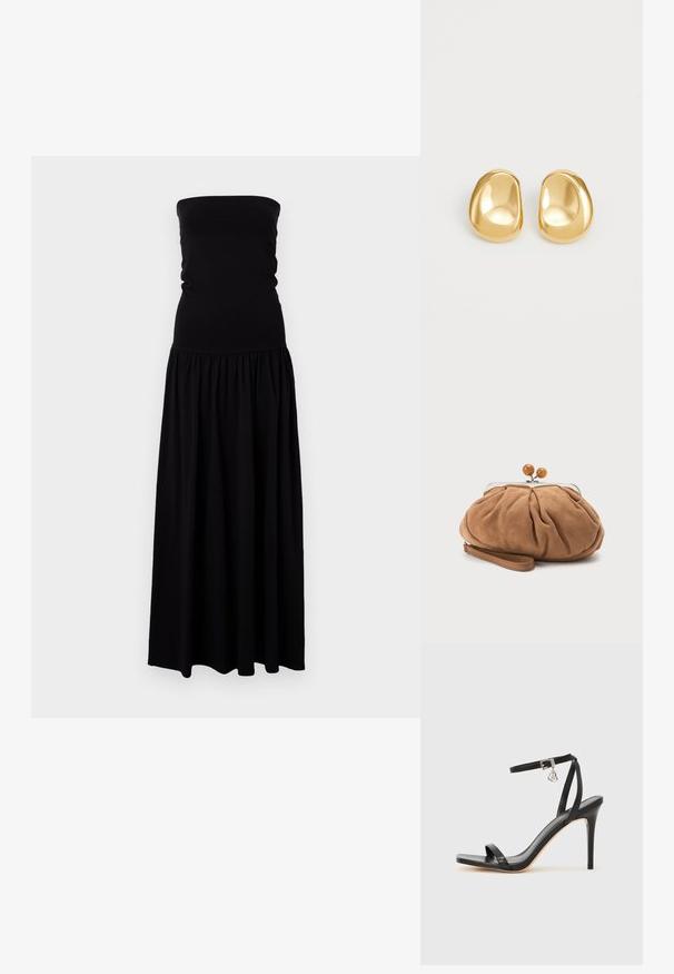Robe maxi noire sans bretelles en tissu doux et extensible. Corps ajusté avec une jupe froncée, tissu fluide et texture lisse.; Sandale à talon haut noire avec une bride étroite à la cheville, bout carré, cuir lisse et accent de boucle métallique.; Petit sac pochette en daim marron doux avec tissu froncé, fermoir métallique, accents de perles en bois et bracelet pour poignet sur fond blanc.; Boucles d'oreilles en forme de clou de couleur or, avec une forme lisse et arrondie et une surface réfléchissante, mettant en avant un design minimaliste sans motifs visibles.