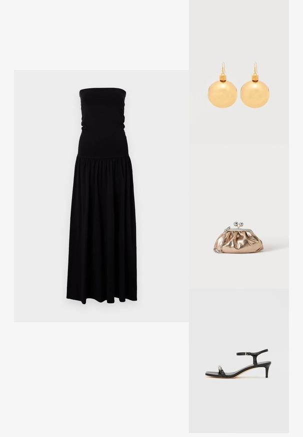 Zwarte strapless maxi-jurk gemaakt van zachte, rekbare stof. Aansluitend lichaam met een geplooide rok, vloeiende stof en gladde textuur.; Zwarte leren sandaal met hak, enkelbandje, open neus, vierkante voorkant en zilverkleurige accenten. Gesloten ontwerp met een slank profiel.; Kleine gouden metallic clutch met zilveren sluiting en kettingriem op een effen lichte achtergrond.; Een paar glanzende gouden kerstbal-oorbellen met haaksluitingen op een effen witte achtergrond.