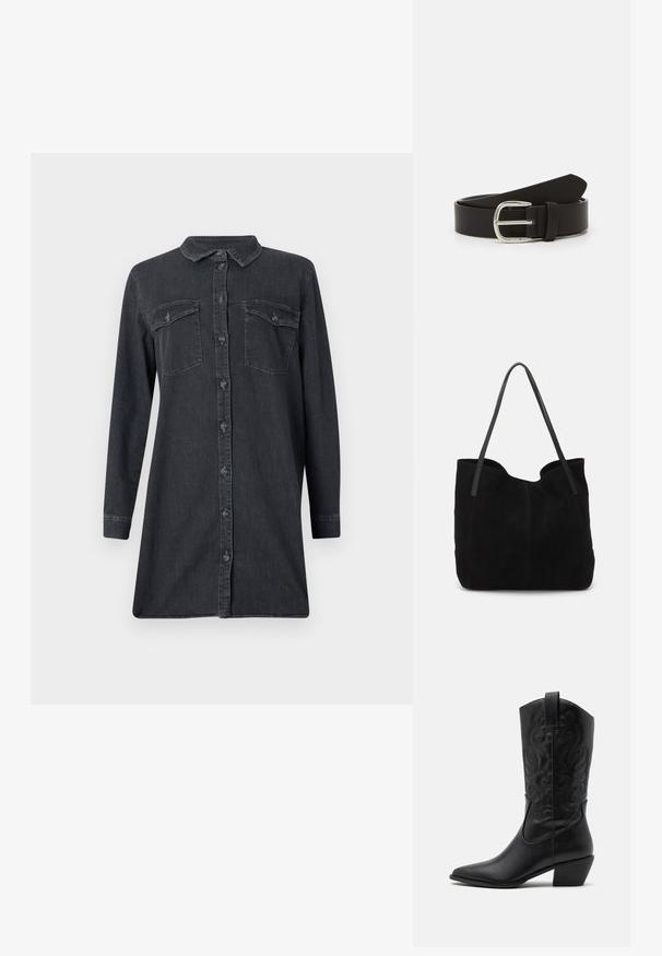 Donkerdenim shirtjurk met lange mouwen, een kraag en twee borstzakken. Voorzien van een knoopsluiting aan de voorkant en een rechte snit.; Zwarte leren cowboylaars met een spitse neus, gegraveerde draaiende patronen en een halfhoge hak. Voorzien van een trekhaak voor gemakkelijk aan- en uittrekken.; Zwarte suede tote bag met twee lange, platte leren handvatten. Heeft een gebogen bovenrand en zichtbare stiksels aan de voorkant. Geen hardware-accenten.; Zwarte leren riem met een gladde textuur, voorzien van een metalen zilveren gesp en een taps toelopende punt. Eenvoudig, klassiek ontwerp.