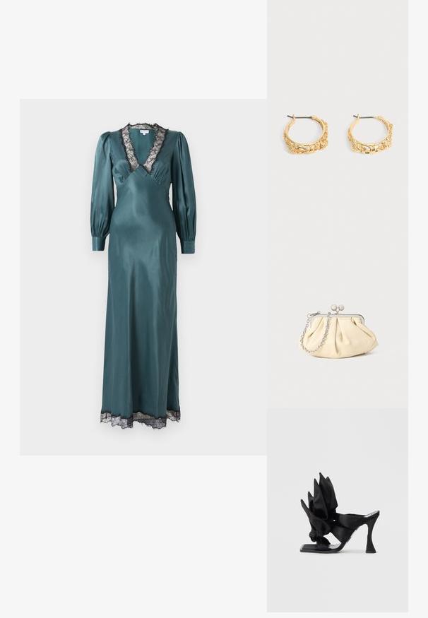 Vestido maxi de satén en tono verde azulado con un profundo escote en V, mangas largas de tipo globo y borde de encaje negro en el escote y el dobladillo. Textura suave.; Mules de tacón alto de satén negro con punta cuadrada y diseño de volantes en capas en el frente; cuentan con un tacón esculpido y una textura suave.; Clutch de cuero beige plisado con un marco de metal plateado, que cuenta con dos broches decorativos redondos y una correa de cadena plateada.; Par de pendientes de aro en tono dorado con grabados ornamentales de flores y hojas sobre un fondo neutro.