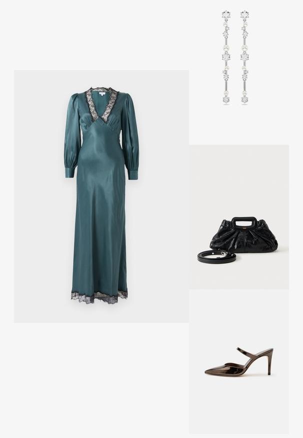 Türkisfarbendes Satin-Maxikleid mit tiefem V-Ausschnitt, langen Puffärmeln und schwarzem Spitzenbesatz entlang des Ausschnitts und Saums. Sanfte Textur.; Glänzender dunkelbrauner Mule mit spitzer Spitze und hohem Absatz mit schmalem Riemen über dem Spann vor weißem, einfachem Hintergrund.; Kleine schwarze Lederhandtasche mit geraffter Textur, rechteckigem Griff und abnehmbarem dünnen Schulterriemen, der daneben liegt.; Lange silberne Ohrringe, die abwechselnd klare Kristalle und weiße Perlenbeads zeigen, mit symmetrischem Design und filigranen Details.