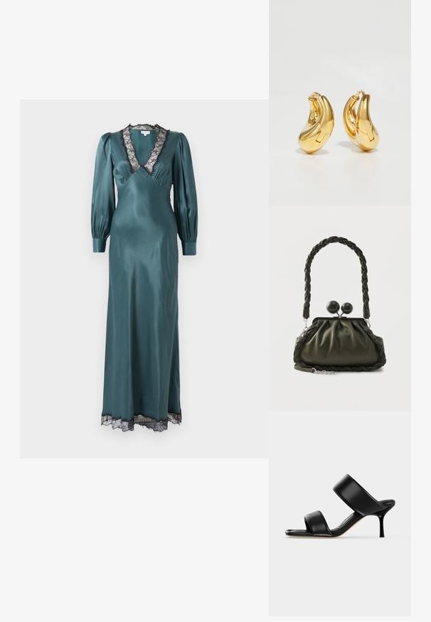 Teal satin maxi-jurk met een diepe V-hals, lange pofmouwen en zwarte kant langs de halslijn en zoom. Zachte textuur.; Zwarte leren mule sandaal met twee brede banden en een slanke, middelhoog stilettohak op een effen lichte achtergrond.; Olijfgroene leren handtas met gevlochten handvat en zilverkleurige accenten, voorzien van een geplooid ontwerp en ronde sluitdetails aan de bovenkant.; Gouden oorringen met een gladde, gebogen vorm en gepolijste afwerking. Bevat een sluitmechanisme en lichte inkepingen voor detail.