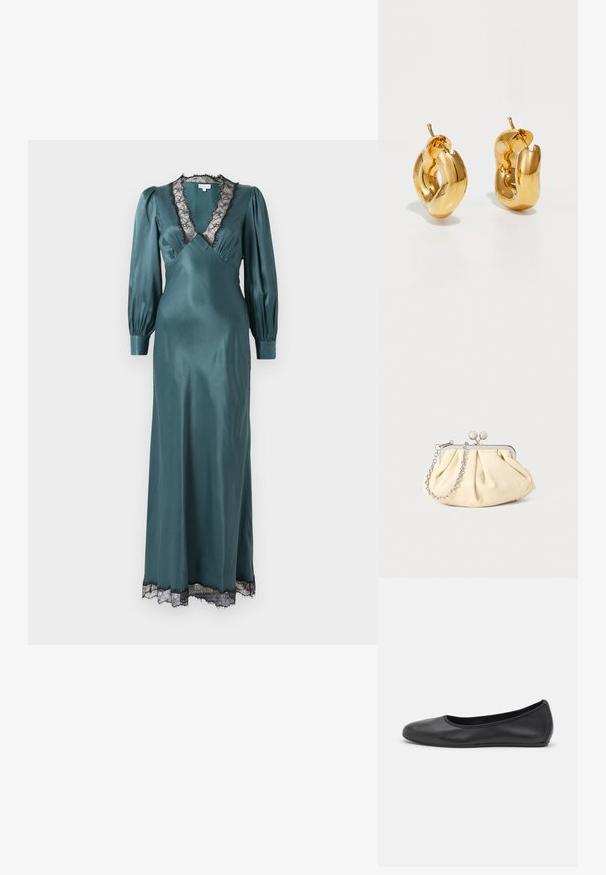 Teal satin maxi kjole med dyb V-udskæring, lange pufærmer og sort blondekant langs udskæringen og kanten. Glat tekstur.; Sort læderballetsko med rund tå, glat tekstur, minimal syning og et fleksibelt såldesign.; Plisseret beige læderclutch med en sølvmetalramme, der har to runde dekorative låse og en sølvkædetrasporte.; Chunky guld hoop øreringe med et let snoet, rørformet design og postsystem bagpå, på en hvid baggrund.