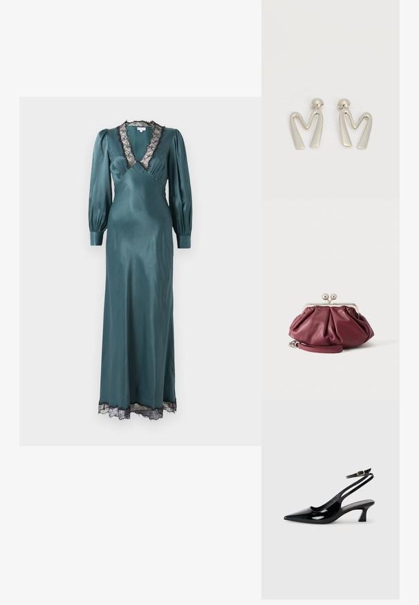 Teal satin maxi-jurk met een diepe V-hals, lange pofmouwen en zwarte kant langs de halslijn en zoom. Zachte textuur.; Zwarte gepatineerde leren slingback hakken met een puntige neus, lage blokhak en een verstelbare enkelband met een gouden gespsluiting.; Kleine bordeauxrode leren clutch met zilveren metalen gesp en polsriem op een witte achtergrond.; Paar zilverkleurige metalen oorbellen in de vorm van een hoekige letter M met afgeronde stekers op een witte achtergrond.