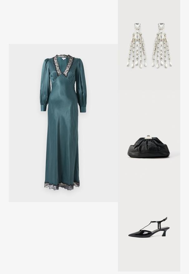 Teal satin maxi kjole med dyb V-udskæring, lange pufærmer og sort blondekant langs udskæringen og kanten. Glat tekstur.; Sort laklæder spids tå slingback sko med T-rem og lav skrå blokhæl på hvid baggrund.; Sort læderclutch med en samlet tekstur, metal lukning og diskret præget logo på forsiden. Rundet form.; Sølvfarvede chandelier øreringe med firkantede studs, runde perler og hængende kæde-strenge der ender i dråbeformede charms.