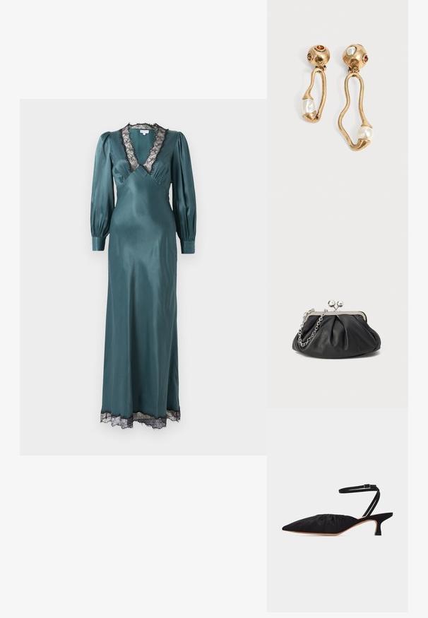 Teal satin maxi-jurk met een diepe V-hals, lange pofmouwen en zwarte kant langs de halslijn en zoom. Zachte textuur.; Zwart lage hak schoen met spits toelopende neus, geplooide bovenkant en dunne enkelband met gesp, zijaanzicht op witte achtergrond.; Zwarte leren clutch met geplooide textuur, zilverkleurig metalen frame, drukknopsluiting en kettingriem. Glad, zacht oppervlak.; Goudkleurige oorbellen met onregelmatige open vormen, elk met een parel aan de onderkant en edelsteendetails op de ronde stekers.