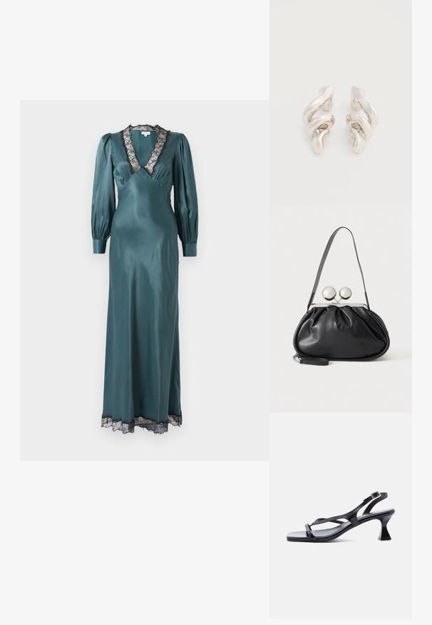 Vestido maxi de satén en tono verde azulado con un profundo escote en V, mangas largas de tipo globo y borde de encaje negro en el escote y el dobladillo. Textura suave.; Sandalia de mujer de cuero negro con tiras finas, punta cuadrada, hebilla ajustable en el tobillo y tacón acampanado de altura media.; Bolso de mano de cuero negro con diseño fruncido, una sola correa, marco metálico plateado y dos cierres grandes redondos de plata.; Pendientes de clip de metal plateado retorcido con un acabado liso y brillante, que presentan un diseño moderno y abstracto en espiral.