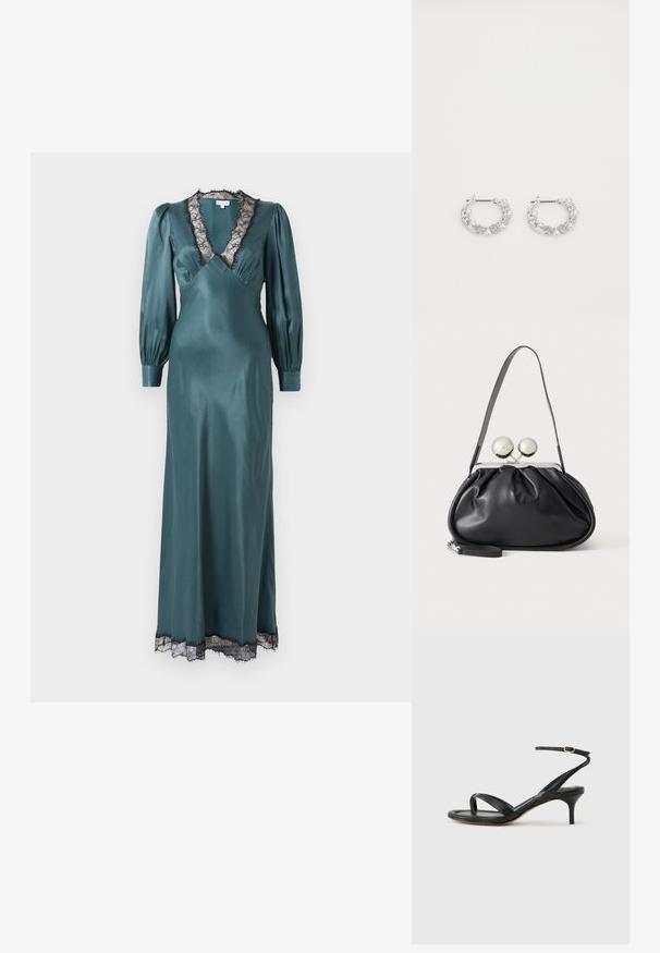Türkisfarbendes Satin-Maxikleid mit tiefem V-Ausschnitt, langen Puffärmeln und schwarzem Spitzenbesatz entlang des Ausschnitts und Saums. Sanfte Textur.; Schwarze Ledersandale für Damen mit dünnen Riemchen, einer Zehenlasche, einer Knöchelschnalle und einem mittelhohen Stöckelabsatz vor neutralem Hintergrund.; Schwarze Ledertasche mit gerafftem Design, einem einzelnen Riemen, silbernem Metallrahmen und zwei großen runden silbernen Verschlüssen.; Silberne Creolen mit Perlen- und Kristallakzenten, ausgestattet mit einer strukturierten Oberfläche und einem sicheren Steckverschluss.