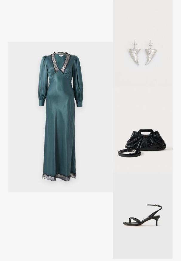 Türkisfarbendes Satin-Maxikleid mit tiefem V-Ausschnitt, langen Puffärmeln und schwarzem Spitzenbesatz entlang des Ausschnitts und Saums. Sanfte Textur.; Schwarze Ledersandale für Damen mit dünnen Riemchen, einer Zehenlasche, einer Knöchelschnalle und einem mittelhohen Stöckelabsatz vor neutralem Hintergrund.; Kleine schwarze Lederhandtasche mit geraffter Textur, rechteckigem Griff und abnehmbarem dünnen Schulterriemen, der daneben liegt.; Silberne, hornförmige Ohrringe, besetzt mit kleinen klaren Steinen, mit einem Steckverschluss zur Befestigung. Glatte Textur und metallisches Finish.