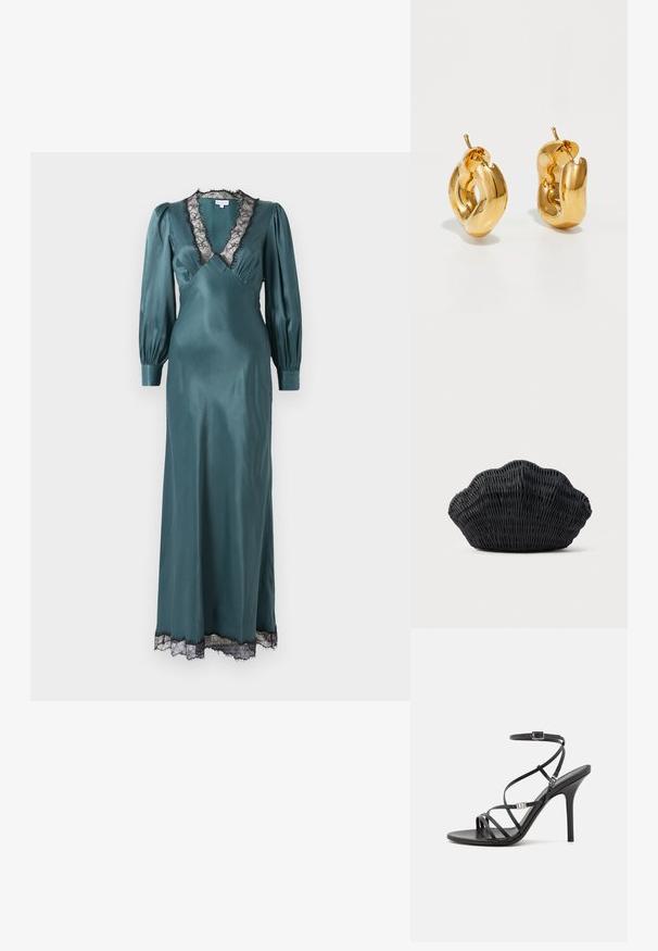 Teal satin maxi-jurk met een diepe V-hals, lange pofmouwen en zwarte kant langs de halslijn en zoom. Zachte textuur.; Zwarte hoge hakken sandaal met dunne banden, een enkelgesp, een gladleren oppervlak en een slanke stilettohak.; Zwarte gevlochten handtas in de vorm van een sint-jakobsschelp met een gebogen bovenkant en een geweven textuur op een effen achtergrond.; Dik gouden creolen met een licht gedraaide, buisvormige ontwerp en een schroefsluiting op een witte achtergrond.