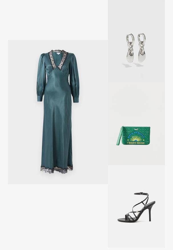Türkisfarbendes Satin-Maxikleid mit tiefem V-Ausschnitt, langen Puffärmeln und schwarzem Spitzenbesatz entlang des Ausschnitts und Saums. Sanfte Textur.; Schwarze High-Heel-Sandale mit dünnen Riemen, einem Knöchelverschluss, einer glatten Lederoberfläche und einem schlanken Stiletto-Absatz.; Grüne Handgelenktasche mit Reißverschluss, dekoriert mit Sonnenmotiv und Text „Rock Reality I Want Magic“ in blauer und gelber Schrift.; Silberne Creolen mit verlängerten ovalen Gliedern, die eine polierte Oberfläche und einen strukturierten Anhänger aufweisen. Einfaches Design mit glatten Kanten.