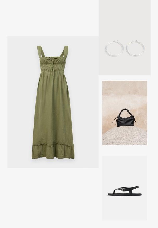 Olive roheline varrukateta kleit smock-kere, sõlm detail kaeluse juures ja volangiga serveering. Valmistatud kerge kangast.; Mustad tasane sandaal pahkluu rihmaga, varbavahe ja hõbedase pandlaga sileda taldosa peal, nähtav küljelt valgel taustal.; Must kurruline käekott korjatud sangaga, mis toetub tekstuurse kivikuuli peale beeži betoonseina taustal.; Paari läikiva hõbedase rõngaskujulise kõrvarõngastega, millel on õhukesed traatlukkud, kuvatud heleda halli taustal.