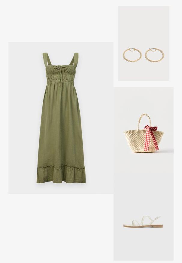 Robe sans manches vert olive avec un corsage smocké, détail à nouer au niveau du col et ourlet à volants. Fabriquée en tissu léger.; Des sandales beige clair présentent plusieurs fines lanières, une lanière de cheville ajustable et une semelle plate avec une finition semblable à du bois.; Sac cabas en paille tissée avec des poignées tressées et un ruban à carreaux rouge et blanc noué en un nœud d'un côté.; Paire de boucles d'oreilles créoles en or de taille moyenne avec un design texturé et perlé sur un fond clair uni.