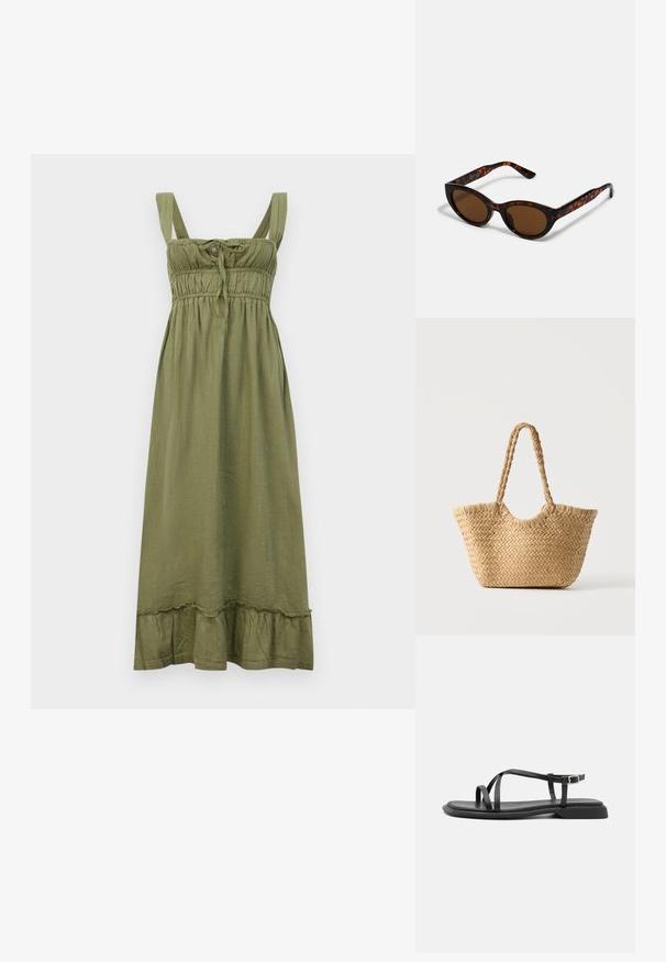 Olive roheline varrukateta kleit smock-kere, sõlm detail kaeluse juures ja volangiga serveering. Valmistatud kerge kangast.; Mustad musta värvi sandaalid õhukeste reguleeritavate rihmadega, ristküliku kujuline varba post ja tekstureeritud mati viimistlusega. Omavad madalat, veidi nurgelist kontsa.; Pruunid kilpkonnamustriga päikeseprillid, mille vintage-kassikujuline kuju ja pruunid läätsed. Omavad kaardus varsi punaste aktsentidega.; Kootud õlgest põllukott laia põhjaga, punutud käepidemetega ja loodusliku beež värvusega tavalise valge taustaga.