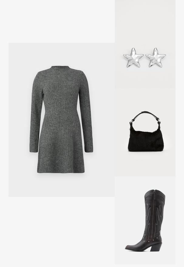 Vestido de canalé hasta la rodilla en gris oscuro, con mangas largas y escote alto, fabricado en un suave tejido texturizado.; Botas de cowboy de cuero marrón con costuras en forma de llama, cremallera lateral, tachuelas plateadas, punta puntiaguda y tacón apilado.; Bolso de mano de piel sintética negra con una textura suave, forma redondeada y una resistente correa de cuero negro para el hombro. Acentos de herrajes plateados visibles.; Pendientes en forma de estrella plateada con una superficie pulida y brillante. Cada pendiente presenta cinco puntas y sutiles detalles de textura en la superficie.