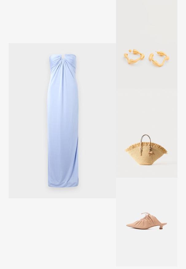 Vestido maxi sin mangas de color azul claro con un cuerpo fruncido, que presenta un sutil corte en el escote y una tela suave y fluida.; Zueco de mujer de cuero beige con puntera puntiaguda, parte superior fruncida, cordón ajustable y tacón bajo de estilo kitten sobre fondo blanco.; Bolso tote de paja tejido con borde superior con flecos, dos asas de cuero marrón claro con detalles de hebilla y un accesorio de borla de cuero.; Pendientes de aro esculpidos abstractos en tono dorado con formas irregulares y redondeadas, con cierre de poste sobre fondo blanco.