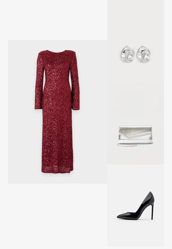 Vestido rojo de manga larga cubierto de lentejuelas, con un escote redondeado y una silueta ajustada, que se extiende hasta el suelo.; Call it Spring MESMERIZE - Tacones - other black; Bolso clutch plateado brillante con solapa de estilo sobre y adorno decorativo, pequeña correa de cadena plateada, sobre fondo liso claro.; Pendientes de studs en forma abstracta de plata con un acabado pulido, que presentan curvas suaves y contornos sutiles. Sin patrones o acentos visibles.