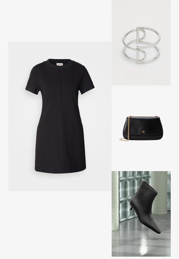 Calvin Klein Jeans MILANO T SHIRT DRESS - Džersejové šaty - black; Čierna kožená členková obuv s ostrou špičkou a nízkym podpätkom, zobrazená na pozadí steny zo sklenených blokov a leštenej podlahy.; Čierna kožená kabelka cez rameno so zlatým retiazkovým remienkom a malým zlatým logom CK na prednej klapke.; Strieborný kovový náramok s dvojitým slučkovým dizajnom a hladkým, lesklým povrchom, s minimalistickým geometrickým akcentom.