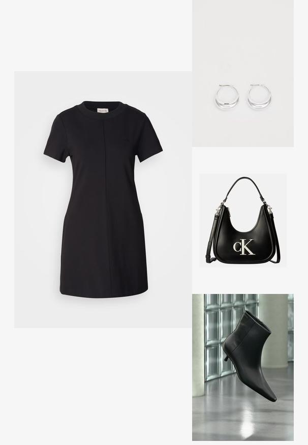 Calvin Klein Jeans MILANO T SHIRT DRESS - Jerseyjurk - black; Zwarte leren enkellaars met spits toelopende neus en lage kittenhak, schuin weergegeven tegen een gepolijste vloer en een glazen blokken muur als achtergrond.; Zwarte leren handtas met zilveren "cK" logo aan de voorkant, met korte handgreep en langere verstelbare schouderriem.; Zilveren creolen met een gepolijste afwerking en DKNY-branding, weergegeven tegen een effen witte achtergrond.