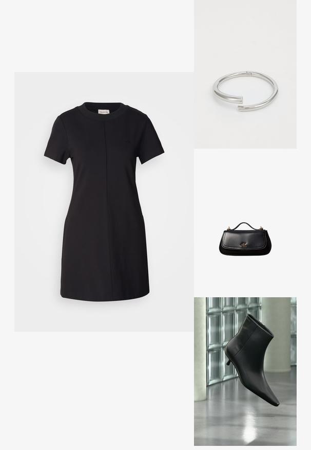 Calvin Klein Jeans MILANO T SHIRT DRESS - Φόρεμα από ζέρσεϊ - black; Μαύρο δερμάτινο μποτάκι αστραγάλου με μυτερή μύτη και χαμηλό τακούνι τύπου kitten heel, εμφανίζεται σε γωνία μπροστά σε γυαλισμένο πάτωμα και τοίχο από γυάλινους τούβλους.; Μαύρη δερμάτινη τσάντα με μικρή λαβή, χρυσό λογότυπο "cK" στην μπροστινή πτερύγιο και χρυσές μεταλλικές λεπτομέρειες.; Calvin Klein SPIRAL - Βραχιόλι - silver-coloured