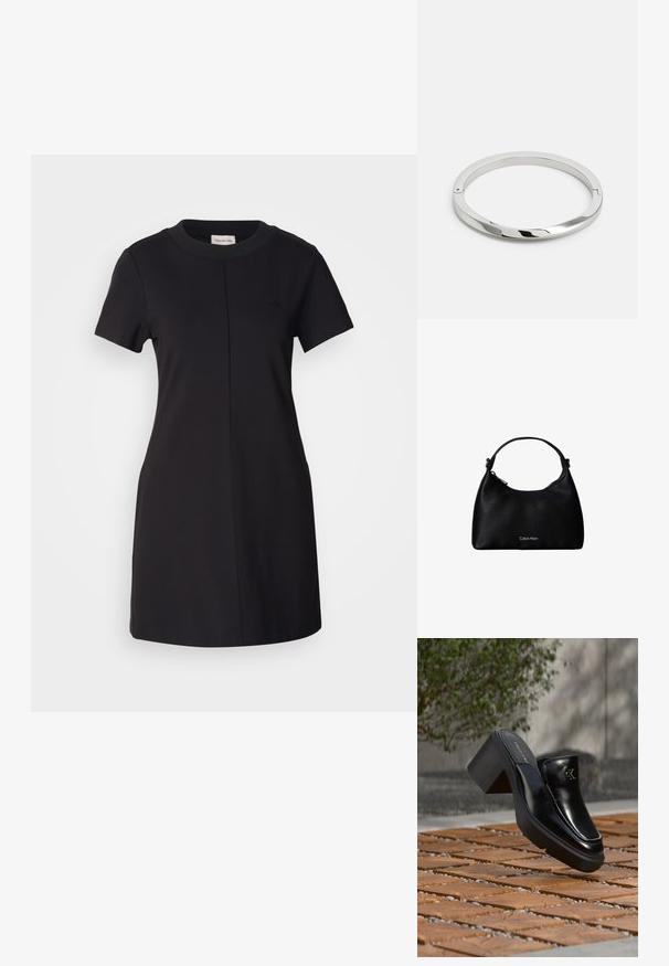 Calvin Klein Jeans MILANO T SHIRT DRESS - Jerseykjole - black; Sort læder Calvin Klein slip-on mule med blokhæl, der hviler på trætøj udendørs nær en grøn plante og en grå væg.; Sort tekstureret lædertaske med enkelt rem og sølv Calvin Klein-logo foran, lynlåslukning på siden.; Stålmetalarmbånd med en glat, skinnende overflade og flade kanter. Har et åbent cirkulært design med en subtil låse detalje.