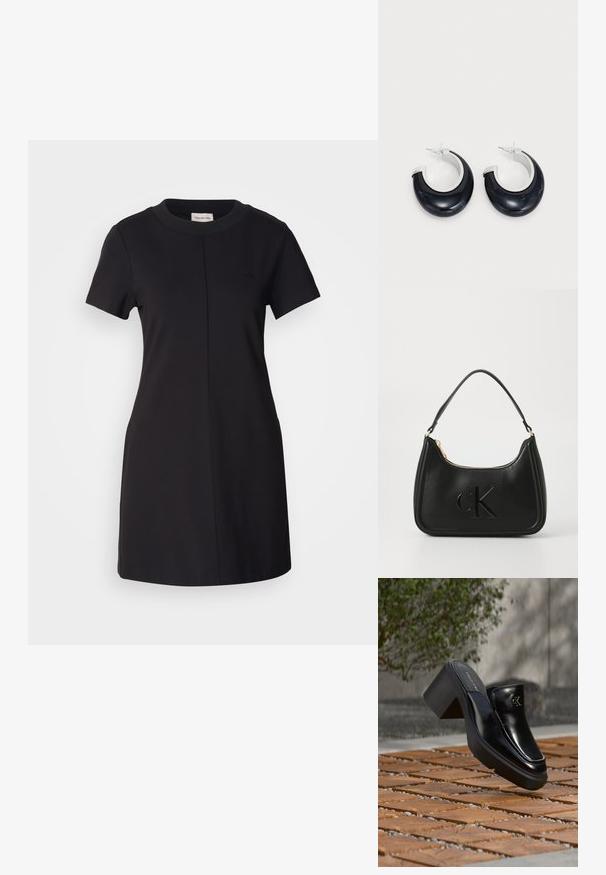 Calvin Klein Jeans MILANO T SHIRT DRESS - Φόρεμα από ζέρσεϊ - black; Μαύρο δερμάτινο slip-on mule από Calvin Klein με χοντρό τακούνι που ακουμπά σε ξύλινα πλακάκια σε εξωτερικό χώρο κοντά σε ένα πράσινο φυτό και γκρίζο τοίχο.; Μαύρη δερμάτινη τσάντα χειρός με καμπύλο σχήμα, διαθέτει χρυσό φερμουάρ και διακριτικό ανάγλυφο λογότυπο "cK". Μαλακή υφή και μία λαβή.; Μαύρα σκουλαρίκια κρίκοι από ρητίνη με γυαλιστερή φινίρισμα και ασημί μεταλλικές λεπτομέρειες. Κυκλικό σχήμα με κοψίματα και κλείσιμο με βάση.