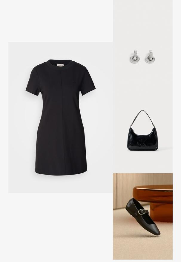 Calvin Klein Jeans MILANO T SHIRT DRESS - Jerseyjurk - black; Zwarte leren Mary Jane platte schoen met zilveren gesp, getoond op een beige tapijt vlakbij een bruine ronde tafelpoot.; Zwarte gepatenteerde leren handtas met een gebogen bovenhandgreep, ritsafsluiting en reliëf "cK" logo aan de voorkant. Gladde textuur, gestructureerde vorm.; Een paar kleine, glanzende zilveren creolen met een ronde basis, afgebeeld op een effen lichte achtergrond.