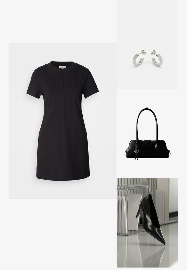 Calvin Klein Jeans MILANO T SHIRT DRESS - Jerseykleid - black; Schwarzer High-Heel-Schuh mit spitzer Zehe und goldem Logo, auf einer reflektierenden Oberfläche nahe einem verchromten Draht-Organizer mit Dokumenten positioniert.; Schwarze Lederhandtasche von Calvin Klein mit langen Henkeln, einem vorderen Logo-Tag und einem silbernen geometrischen Anhänger, der an einem Henkel hängt.; Silberne Metall-Hoops mit strukturiertem Design, ausgestattet mit einem kleinen Steckverschluss und Branding an einem Hoop. Abgerundete Form mit glänzender Oberfläche.