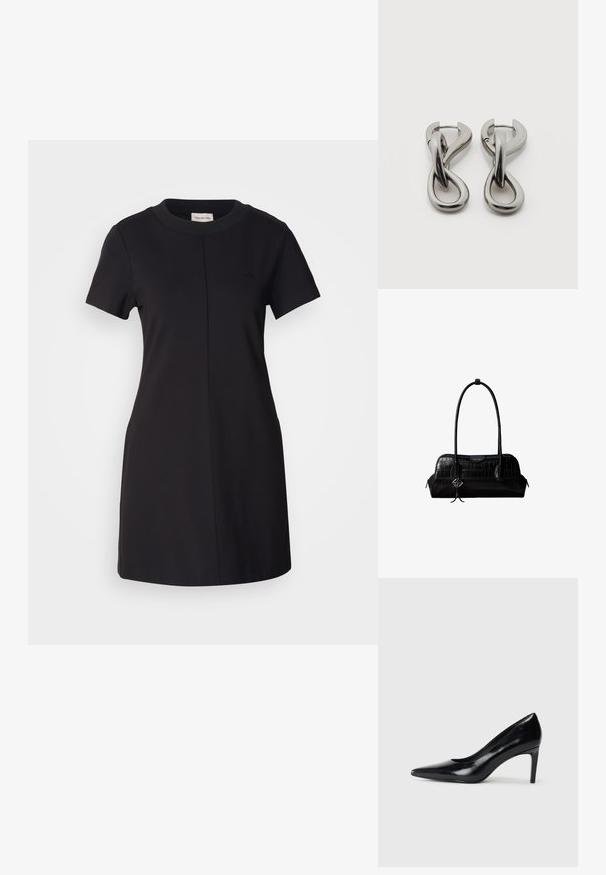 Calvin Klein Jeans MILANO T SHIRT DRESS - Jerseykleid - black; Schwarzer Lederhochschuh mit spitzem Zehenbereich, glatter Textur und schmalem Absatz. Minimalistisches Design, keine zusätzlichen Verzierungen.; Schwarze Umhängetasche aus krokodilstrukturiertem Leder mit langen Riemen und einem kleinen silbernen Logocharm an einem Riemen.; Paar silberfarbene Metallohrringe mit abstraktem ineinandergreifendem Schlaufen-Design auf weißem Hintergrund.
