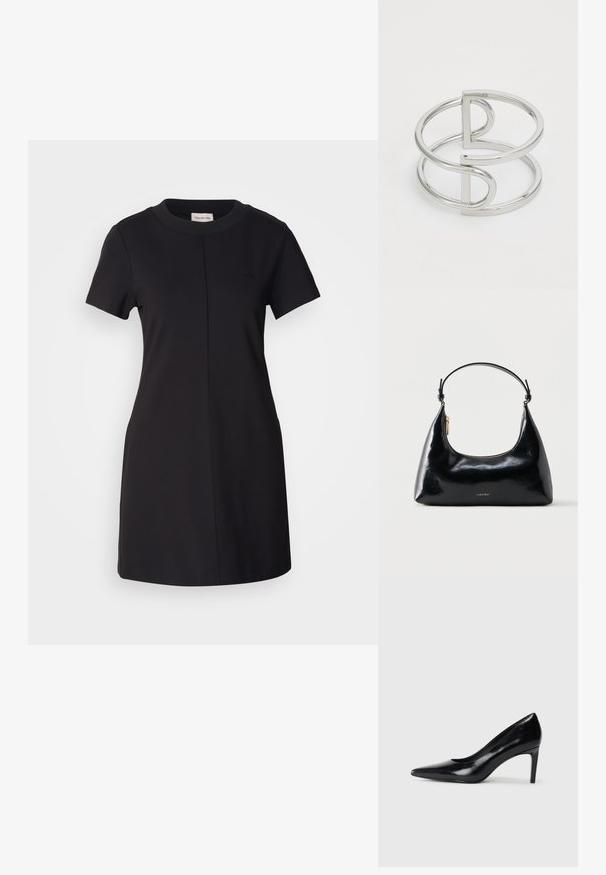 Calvin Klein Jeans MILANO T SHIRT DRESS - Trikotaažkleit - black; Mustmust musta kõrge kontsaga king, millel on terav varvas, sile tekstuur ja kitsenev konts. Minimalistlik disain, ilma täiendavate kaunistusteta.; Musta läikiv Calvin Kleini käekott kuldse luku ja lühikese rihmaga valgel taustal.; Hõbedane metallist käevõru, millel on topelt-silmuse disain, sujuva ja läikiva viimistlusega ning minimalistlik geomeetriline aktsent.