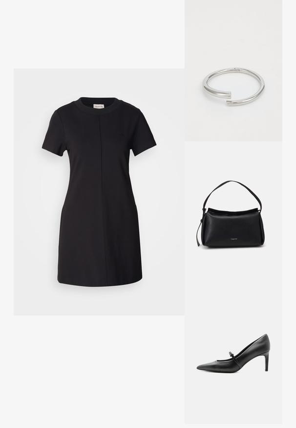 Calvin Klein Jeans MILANO T SHIRT DRESS - Jerseykleid - black; Schwarzer Leder-Pumps mit spitzer Zehenpartie, dünnem Riemen und Schnalle über dem Spann, stehend auf hellem neutralem Hintergrund.; Schwarze Lederhandtasche mit geschwungener Form, einem einzigen Tragegurt und einem oberen Reißverschluss. Verfügt über ein dezentes Logo auf der Vorderseite zur Markenidentifikation.; Calvin Klein SPIRAL - Armband - silver-coloured