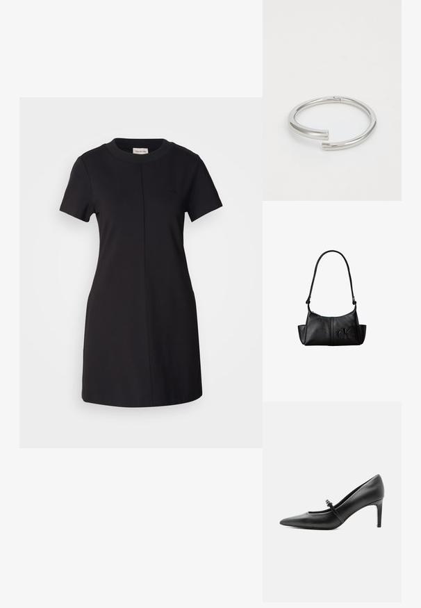 Calvin Klein Jeans MILANO T SHIRT DRESS - Jerseyjurk - black; Zwarte leren pumps met puntige neus, dunne riem en gesp over de wreef, staand op een neutrale lichte achtergrond.; Zwarte leren schoudertas met lange band, zijvakjes en een reliëflogo van Calvin Klein aan de voorkant.; Calvin Klein SPIRAL - Armband - silver-coloured