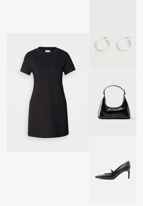 Calvin Klein Jeans MILANO T SHIRT DRESS - Jerseykleid - black; Schwarzer Leder-Pumps mit spitzer Zehenpartie, dünnem Riemen und Schnalle über dem Spann, stehend auf hellem neutralem Hintergrund.; Schwarze, glänzende Calvin Klein Handtasche mit goldfarbenem Reißverschluss und kurzem Trageriemen vor schlichtem weißem Hintergrund.; Paar mittelgroße glänzende silberne Hoop-Ohrringe mit dünnen Metallverschlüssen auf hellem neutralem Hintergrund.