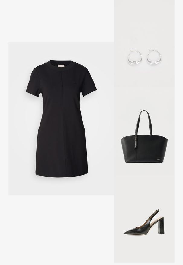 Calvin Klein Jeans MILANO T SHIRT DRESS - Džersejové šaty - black; Čierna kožená slingback obuv s špicatou špičkou, vysokým hrubým podpätkom a béžovou vnútornou podšívkou na svetlom jednofarebnom pozadí.; Čierna kožená taška typu tote s dvoma rúčkami a malým zlatým logom "HUGO" v pravom dolnom rohu, na bielom pozadí.; Strieborné kruhové náušnice s lesklým povrchom a značkou DKNY, vystavené na rovnom bielom pozadí.