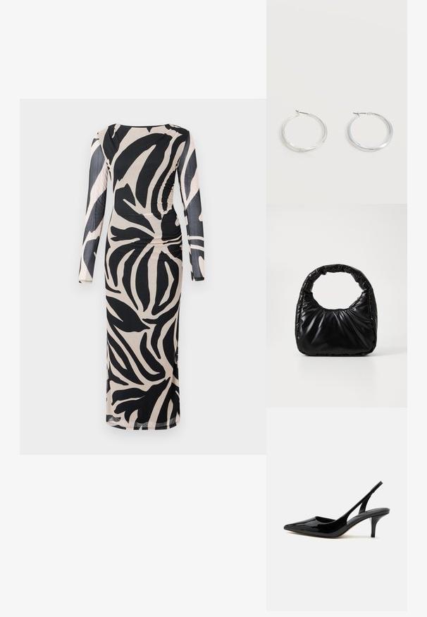 Langmouw jurk van stretchstof met een zwart en beige abstract bladerenpatroon, voorzien van plissé-details aan de zijkant en een aansluitende pasvorm.; Zwarte lakleren slingback kitten heel schoen met puntige neus en lage, smalle hak op witte achtergrond.; Zwarte gevoerde handtas met een ronde handgreep, met een gladde, glanzende oppervlakte en een zachte, gewatteerde textuur. Geen zichtbare metalen onderdelen of accenten.; Zilverkleurige metalen creolen oorbellen met een glad, licht gebogen oppervlak en sluitingen met haaksluiting op een effen witte achtergrond.