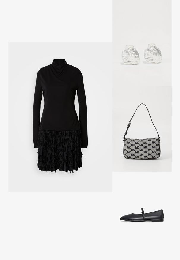 Zwarte jurk met een hoge hals, lange mouwen en een gestructureerde plooienrok met stoffen accenten. Glad bovenstuk met geplooide details.; Zwarte leren ballerina met een ronde neus, een smalle band over de wreef en een laag profiel zool. Gladde textuur en minimale details.; Zwarte en grijze handtas met patroon van Michael Kors, met een ritssluiting en een schouderriem met verstelbare lengte.; Zilveren oorknopjes in schelpvorm met textuuraccenten en gladde rondingen, voorzien van een doorzichtige achterkant voor een veilige bevestiging.