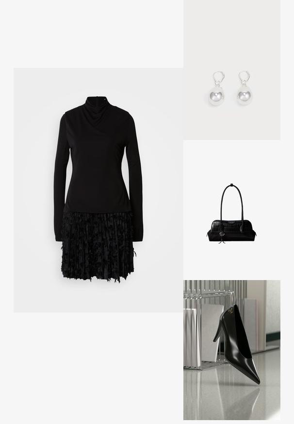 Schwarzes Kleid mit hohem Kragen, langen Ärmeln und einem strukturierten, gefalteten Rock mit Stoffakzenten. Glatte Oberseite mit gerafften Details.; Schwarzer High-Heel-Schuh mit spitzer Zehe und goldem Logo, auf einer reflektierenden Oberfläche nahe einem verchromten Draht-Organizer mit Dokumenten positioniert.; Schwarze Umhängetasche aus krokodilstrukturiertem Leder mit langen Riemen und einem kleinen silbernen Logocharm an einem Riemen.; Silberne Tropfenohrringe mit glatten, runden, reflektierenden Oberflächen, die an Hakenverschlüssen hängen. Der Hintergrund ist reinweiß.