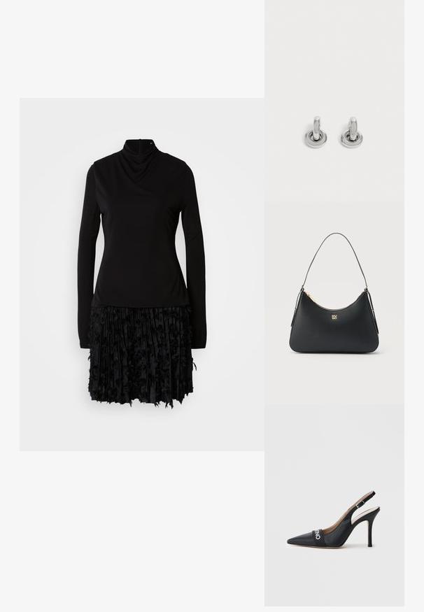 Zwarte jurk met een hoge hals, lange mouwen en een gestructureerde plooienrok met stoffen accenten. Glad bovenstuk met geplooide details.; Zwarte leren slingback pump met een spitse neus, een hak van 10 cm en een horizontale riem met een wit logo over de wreef.; Zwarte leren handtas met gouden rits, dunne band en gouden "HUGO" logo in het midden aan de voorkant.; Een paar kleine, glanzende zilveren creolen met een ronde basis, afgebeeld op een effen lichte achtergrond.