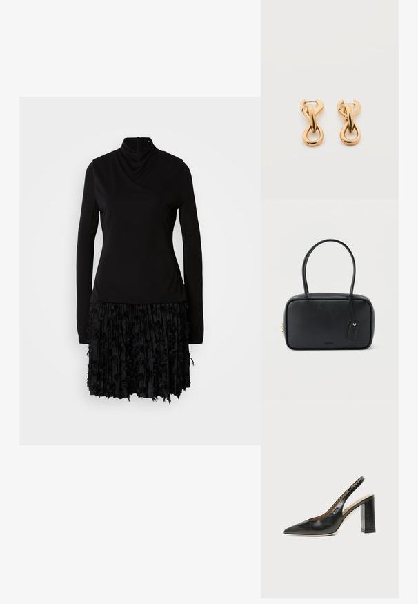 Sort kjole med høj hals, lange ærmer og en tekstureret plisseret nederdel med stofdetaljer. Glat top med samlet detaljer.; Sort læder peep-toe slingback sko med høj blokhæl og beige indvendig foring mod en ensfarvet lys baggrund.; Sort rektangulær håndtaske med dobbelte runde håndtag, gylden lynlås og præget "HUGO"-logo foran med fastgjort lædermærke.; Par af skinnende guldfarvede hoop-øreringe med snoet, flettet design på en enkel hvid baggrund.