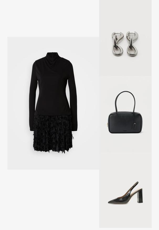 Schwarzes Kleid mit hohem Kragen, langen Ärmeln und einem strukturierten, gefalteten Rock mit Stoffakzenten. Glatte Oberseite mit gerafften Details.; Schwarzer Leder-Slingback-Schuh mit spitzer Kappe, hohem Blockabsatz und beigegefüttertem Innenraum vor hellem, einfarbigem Hintergrund.; Schwarze rechteckige Handtasche mit doppelten, abgerundeten Griffen, goldfarbenem Reißverschluss und geprägtem „HUGO“-Logo auf der Vorderseite sowie angebrachtem Lederanhänger.; Paar silberfarbene Metallohrringe mit abstraktem ineinandergreifendem Schlaufen-Design auf weißem Hintergrund.