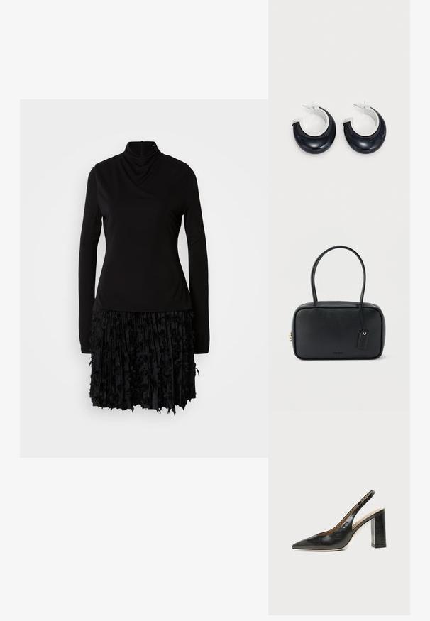 Robe noire avec un col haut, des manches longues et une jupe plissée texturée agrémentée d'accents en tissu. Haut lisse avec des détails froncés.; Chaussure slingback en cuir noir à bout pointu avec un talon bloc haut et une doublure intérieure beige sur un fond clair uni.; Sac à main rectangulaire noir avec doubles poignées arrondies, fermeture éclair dorée et logo "HUGO" embossé sur le devant avec une étiquette en cuir attachée.; Boucles d'oreilles en résine noire avec une finition brillante et des accents en métal argenté. Forme circulaire avec une découpe et une fermeture à tige.