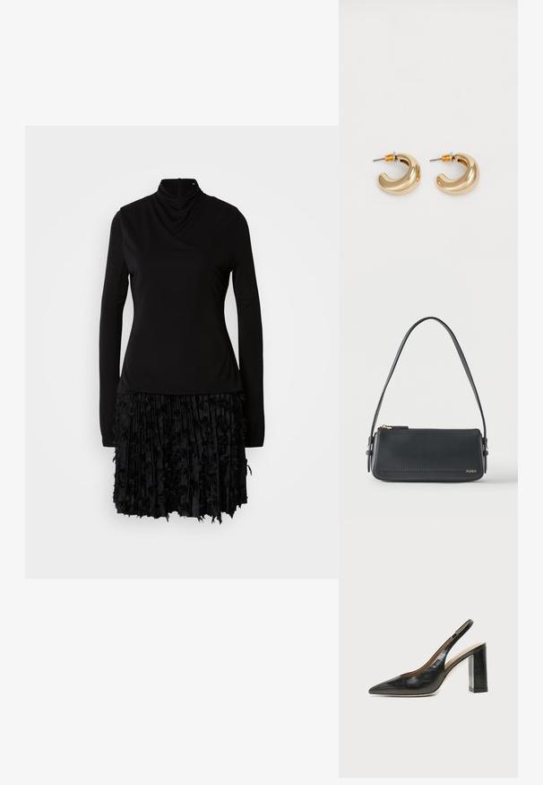 Sort kjole med høj hals, lange ærmer og en tekstureret plisseret nederdel med stofdetaljer. Glat top med samlet detaljer.; Sort læder peep-toe slingback sko med høj blokhæl og beige indvendig foring mod en ensfarvet lys baggrund.; Sort rektangulær skuldertaske i læder med guld lynlås og lille guld "HUGO"-logo på fronten, med justerbar strop med spænde.; To skinnende guldøreringe i et buet design med orange accenter nær stikket, sat mod en enkel hvid baggrund.