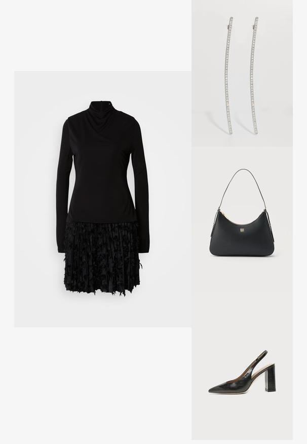 Zwarte jurk met een hoge hals, lange mouwen en een gestructureerde plooienrok met stoffen accenten. Glad bovenstuk met geplooide details.; Zwarte leren slingback schoen met spits toelopend neusje, hoge blokhak en beige binnenvoering tegen een effen lichte achtergrond.; Zwarte leren handtas met gouden rits, dunne band en gouden "HUGO" logo in het midden aan de voorkant.; Zilverkleurige, verlengde oorbellen met een gebogen ontwerp, voorzien van een rij heldere kristallen langs de buitenste randen voor extra sprankeling.
