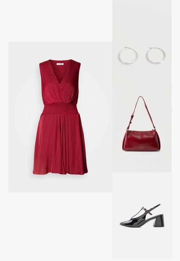 Vestido rojo sin mangas con escote en V profundo, cintura fruncida y falda fluida. Tela suave y ligera con una textura sutil.; Zapato slingback de charol negro con tacón bajo, punta puntiaguda y tira en T con una pequeña hebilla dorada.; Bolso de cuero rojo con diseño curvado, cierre con cremallera superior y correa ajustable. Presenta una textura sutil y un logo de la marca en relieve en el frontal.; Pendientes de aro de metal plateado con superficie lisa y ligeramente curvada y cierre de tipo mosquetón sobre un fondo blanco liso.