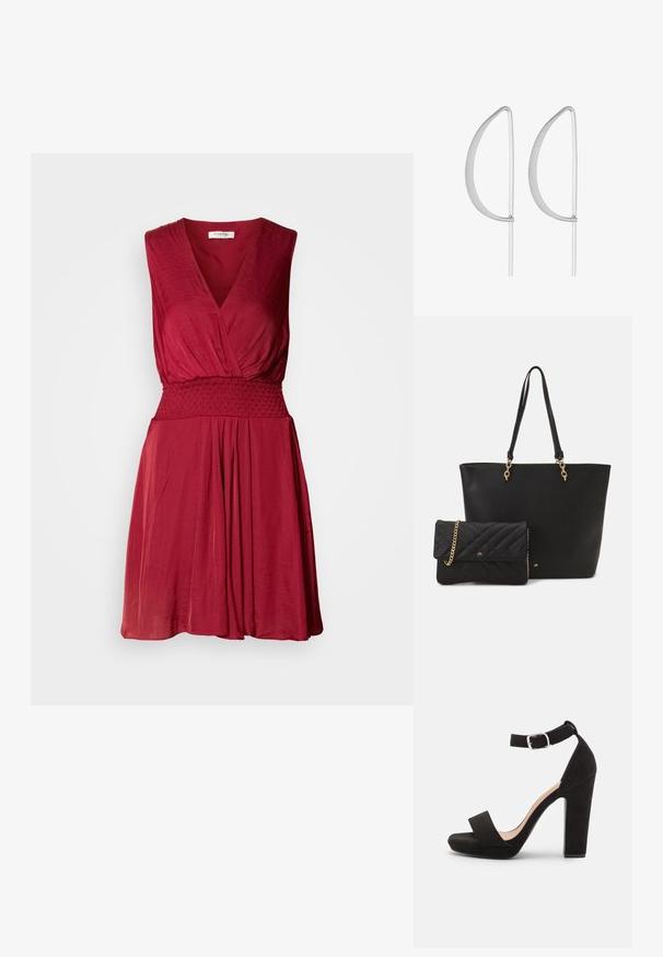 Rode mouwloze jurk met een diepe V-hals, geschuurd taille en vloeiende rok. Zachte, lichte stof met subtiele textuur.; Anna Field by Zalando Sandalen - black; Zwarte neplederen draagtas met twee stevige handvatten en gouden accenten, gecombineerd met een kleine gequilt zwarte clutch met een kettingband.; Zilveren metalen oorbellen met een minimalistisch gebogen ontwerp, met uitgerekte, open druppelvormen en een matte afwerking.